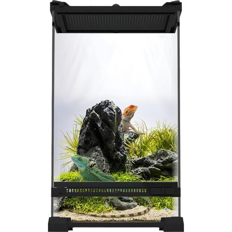 Boîte d'alimentation pour reptiles avec ventilation avant, terrarium en verre avec couvercle à vis anti-éclatement, récipient polyvalent pour reptiles, amphibiens, noir, 20 x 20 x 30 cm (1/5)