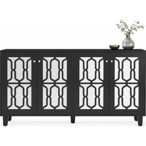 Buffet noir miroir 4 portes avec poignées cristallines et rangements intérieurs, 160 cm, finition élégante pour salon et salle à manger  CHICFURN (1/5)