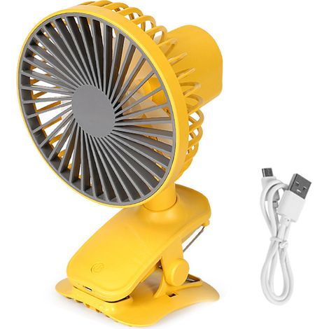 Ventilateur portable à clipser en ABS, 3 vitesses, rotatif, rechargeable par USB, silencieux, mini bureau pour la maison, le dortoir, les voyages, jaune (1/5)