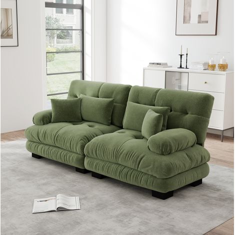 Canapé modulare in chenille verde con cuscini lombari e decorativi, stile cloud (1/5)
