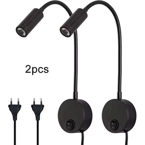 Lampada da comodino a LED nera, 2 pezzi, 3W, 110-240V, 4000K, per uso con macchinari, lettura, applique da parete (1/3)