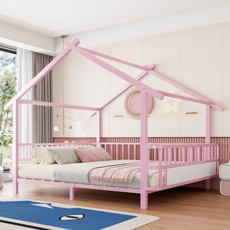 Letto bambini 140x200 cm rosa in metallo a forma di casa, con sponde (1/5)
