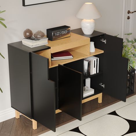 REDOM Credenza 120.5x42x96 cm, 3 ante e ripiano aperto centrale, contenitore multifunzione, pannello truciolare nero
