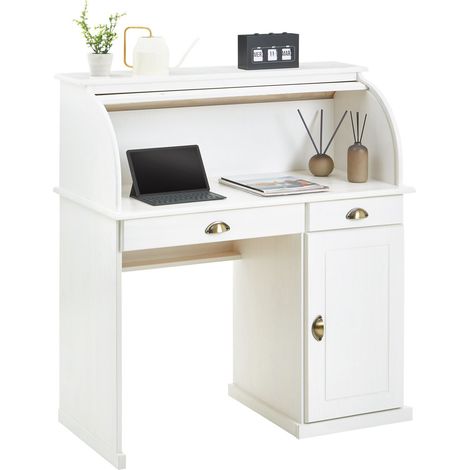 Idimex – Bureau secrétaire TOM blanc – Pin massif – 2 tiroirs et 2 compartiments – Volet roulant rabattable – Dimensions monté 113x102x50cm
