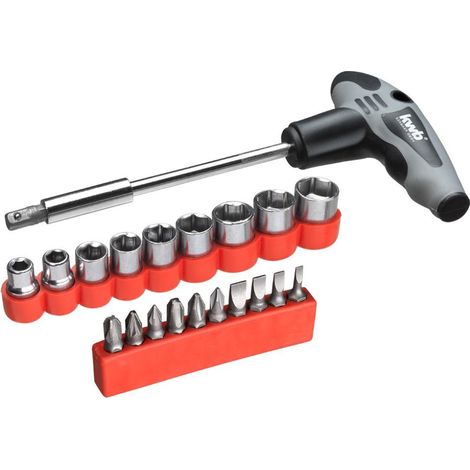 kwb Set di cacciaviti con impugnatura a T 21 pezzi con portabit, incl. 10 bit da 25 mm, 9 bussole da 1/4'' / bussole, per lavori di avvitamento leggeri in auto, in moto e in casa (1/4)
