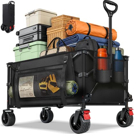 180L Chariot Pliable Robuste et Utilitaire avec Roues Tout-Terrain de 15 cm, Poche Latérale et Porte-Gobelets, Grande Capacité de 100KG Idéal pour Courses, Jardinage, Camping et Shopping (1/5)