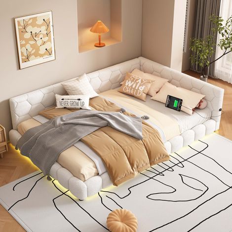 Lit banquette 140x200 cm blanc avec sommier inclus, canapé-lit convertible en velours, LED 16 couleurs USB et Type-C, sans matelas (1/5)