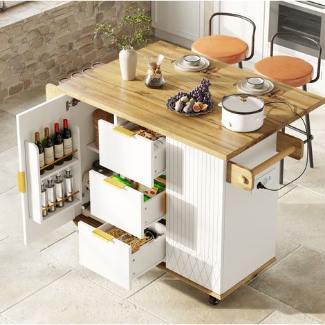 REDOM Carrello da cucina 134x46x88 cm, piano ribaltabile, presa con USB, 3 cassetti e 2 ante, MDF metallo bianco (1/5)