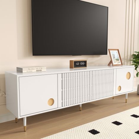 Meuble TV blanc bois massif avec 2 portes, portes à structure grillagée avec poignées cachées, décor doré, 170x36x54 cm