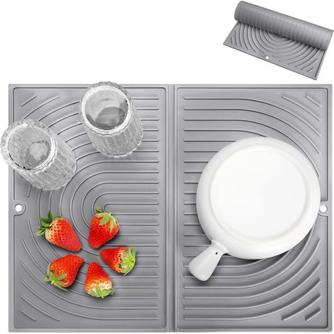 Tapis Égouttoir Vaisselle, Pliable Tapis Vaisselle, Résistant à la Chaleur Tapis de Séchage Vaisselle, Universel Antidérapant Sous-Plat en Silicone pour Cuisine (43×34 cm, Gris) (1/5)