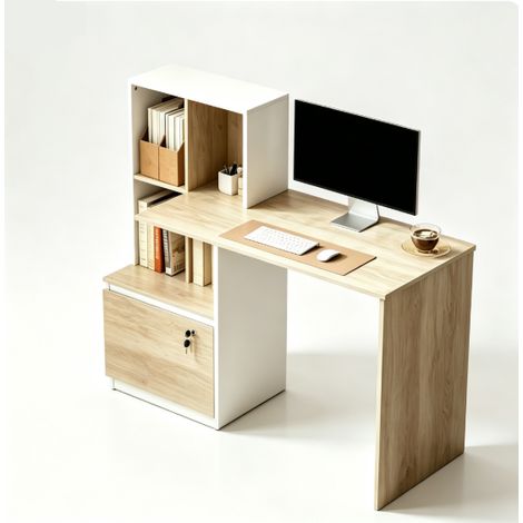 Scrivania da computer con scaffale e cassetto con serratura bianco e rovere chiaro (1/4)