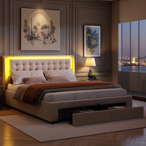 Cama con arcón tapizada - 160x200 - Terciopelo beige - Cajones y almacenamiento hidráulico - LED integrada