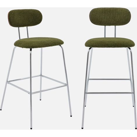 Set di 2 sgabelli da bar legno tinto noce e tessuto idrorepellente gambe in metallo cromato (1/5)