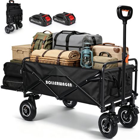 240L Chariot Électrique Pliable Charge 80kg Électrique /120kg Manuel 2 Moteurs Sans Balais 50W Roues Gonflables Jante Aluminium Compatible Makita 14,4V Pour Plage, Camping, Peche, Transport Noir (1/5)