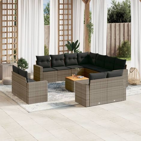 Ensemble de salon de jardin 12 pièces gris Résine tressée résistante aux intempéries Meubles extérieurs avec table en acacia et coussins lavables (1/3)