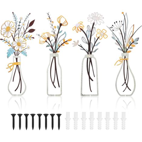 Set of 4 Modern Rustic Metal Flower Wall Decoration Flowers Decorative Floral Wall Murals for Living Room, Bedroom, Kitchen, Bathroom, Hallway, Office, Terrace, Balcony (1/5)