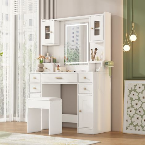 Coiffeuse avec miroir, 6 tiroirs, 4 portes, LED et prises, blanche, 105 x 40 x 152 cm DESVIAE (1/5)