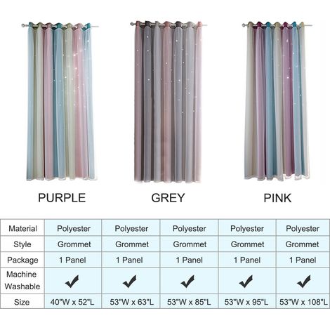 Rideaux à étoiles occultants pour chambre d'enfant, chambre de fille, salon, rideaux à étoiles colorés à double couche, 1 panneau (53''L x 95''H, gris)