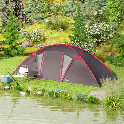 Tente tunnel de camping 4-6 personnes, 3 pièces, crochets éclairage, double porte, grise (1/5)