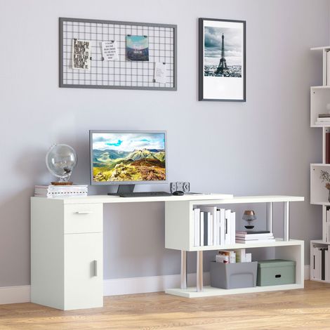 Escritorio esquinero moderno de madera con cajón, armario y estantes, muebles para oficina y hogar, blanco.