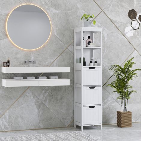 Badezimmersäule 30x30x142,4 cm aus MDF weiß, 3 Schubladen und 2 Nischen, Retro-Stil (1/5)