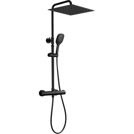 Inoxy 304 Colonne de Douche Noir avec 38 ° C Mitigeur Thermostatique Colonne Douche Inox Mural Réglable Douchette Salle de Bain Ensemble Douche Baignoire Pommeau Douche 30x30cm (1/4)