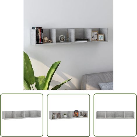 The Living Store Étagère murale à CD Gris béton 100x18x18 cm Bois d'ingénierie - Étagère Murale - Étagère À CD - Meuble Audio - Rangement CD - Rangement DVD (1/5)