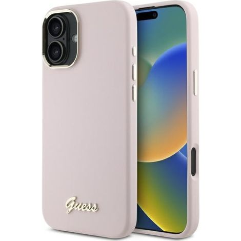 Guess GUHCP16MSMBSLP iPhone 16 Plus 6.7 rosa/custodia rigida in silicone con scritta e cornice in metallo (1/5)