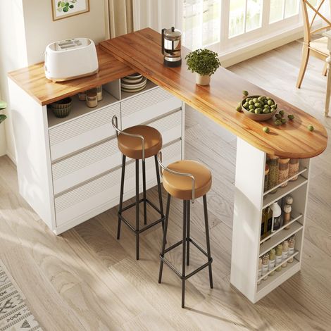 Table Bar Extensible avec Rangements 137-215 cm, Îlot de Cuisine Mobile avec 6 Tiroirs, Table Haute Pivotante Gain de Place, Comptoir de Bar Multifonction pour Cuisine et Salle à Manger, Noir (1/5)