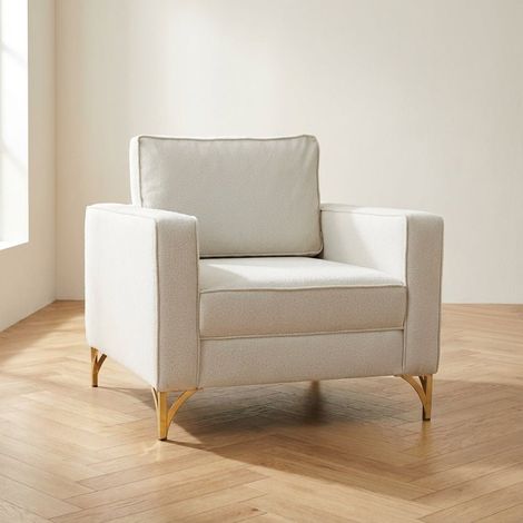 Moderner Sessel aus cremefarbenem Bouclé-Stoff mit goldenen (1/5)