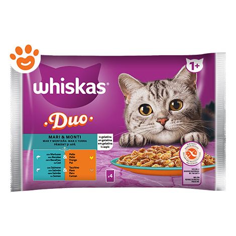 Whiskas Duo Mare e Monti, 1+ Anni, Cibo Umido per Gatto, 13 Confezioni ognuna da 4 bustine da 85g (52 Bustine in Totale)