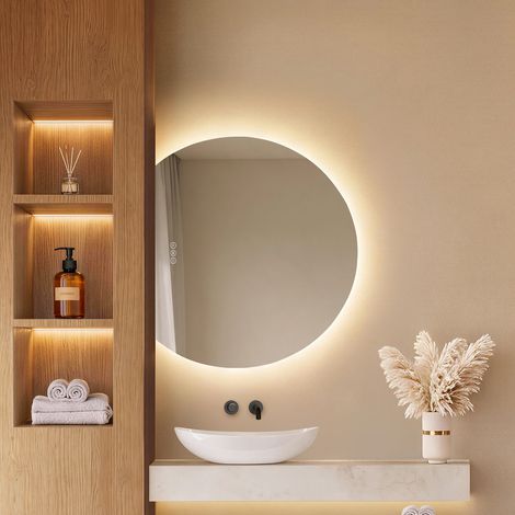EMKE LED-Badspiegel 70 × 62 cm mit Hintergrundbeleuchtung, asymmetrische Rundform, 3 Lichtfarben, dimmbar, Anti-Beschlag, Touchsteuerung
