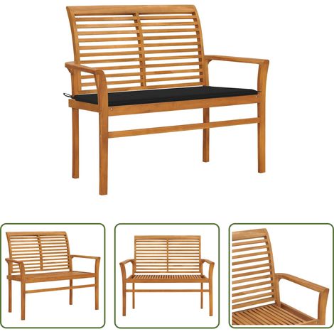 Banc de jardin teck - Banc de jardin avec coussin noir 112 cm Bois de teck massif (1/5)