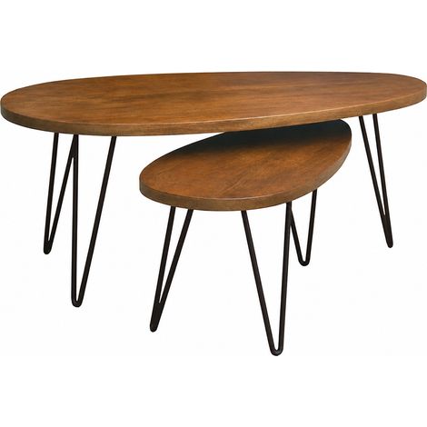 Tables basses gigognes bois foncé manguier massif et métal noir (lot de 2) VIBES (1/3)