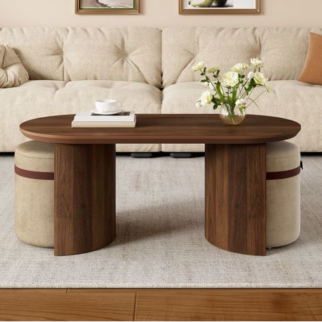 Mesa de centro ovalada con 2 taburetes acolchados, MDF y pino, nogal, 108 x 50 x 44 cm DESVIAE (1/5)
