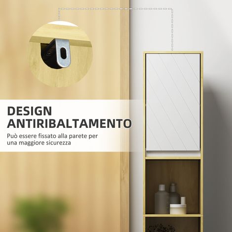 Armoire colonne étroite chêne et blanc 30x24x170 cm, 2 portes et étagères, meuble gain de place pour salle de bain, rangement mural.