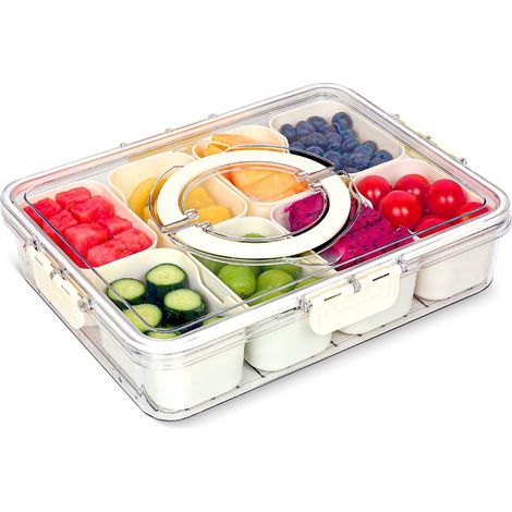 Divided Serving Tray with Lid and Handle - 8 Compartment Snackle Box Charcuterie Container, Portable Snack Box for Travel, Party, Picnic, Beach - Clear Food Organizer for Candy, Fruits, Veggie, Snack (1/5)