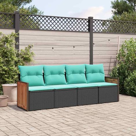 Salon de jardin 4 pièces en résine tressée noire, modulable avec coussins bleus - PANGIVO (1/5)
