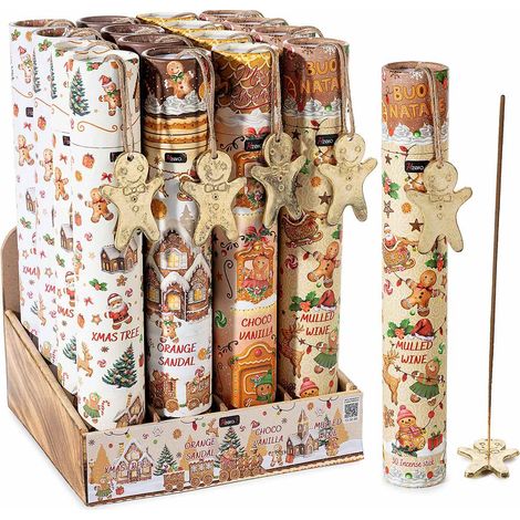 Stick di incenso con porta incenso in metallo a omino pan di zenzero. Confezione regalo tubolare, set da 16 pezzi, Stick: cm 25,5 H