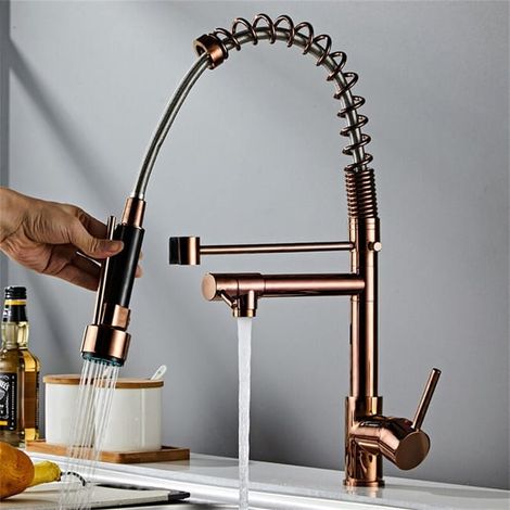 Robinet de Cuisine Extractible Double Jet, Mitigeur Monocommande Orientable 360°, Mélangeur Eau Chaude Froide, Finition Rosé (1/4)