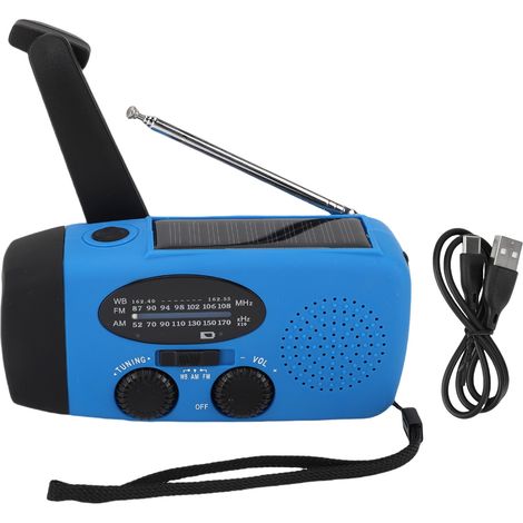Radio d'urgence solaire et manivelle AM/FM/NOAA, banque d'énergie 2000mAh, lampe LED SOS, étanche IPX3, USB-C, bleu (1/5)