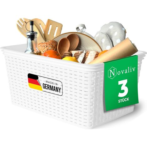 Novaliv Lot de 3 paniers de rangement alimentaire 14 L Plastique blanc Aspect rotin Rangement et organisation de cuisine Boîte de rangement
