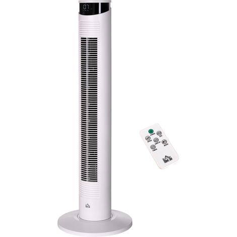 Ventilateur colonne avec télécommande minuterie 12 heures 3 vitesses écran LED oscillant 70 ° Ø 31,5 x 93 cm blanc