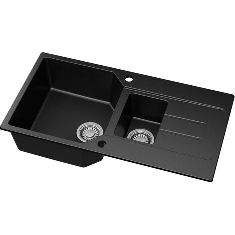 Anycee Max Küchenspüle Granit 86 x 45 cm Granitspüle, 1,5 Becken mit Abtropffläche & geräuscharmen Eigenschaften, Anthrazit
