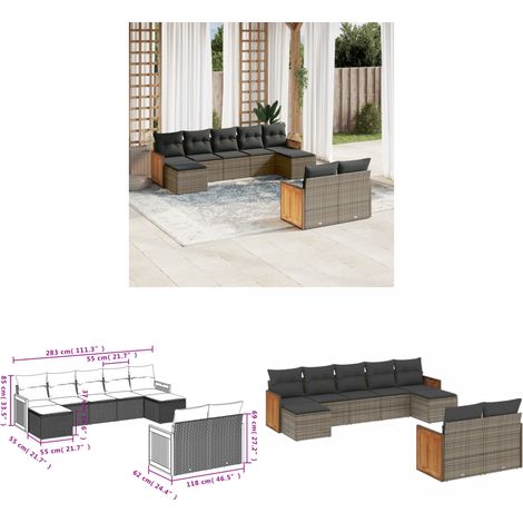 Salon de jardin 9 pcs avec coussins gris résine tressée - Ensemble Salon De Jardin - Salon De Jardin Extérieur - Meuble De Jardin - Mobilier De Jardin - Résine Tressée - Home & Living (1/3)