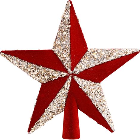Étoile - Sommet D'Arbre De Noël En Velours Et Paillettes - Rouge - 20 x 20 x 3 cm - Décoration Festive Pour Intérieur - 1 Pièce (1/5)