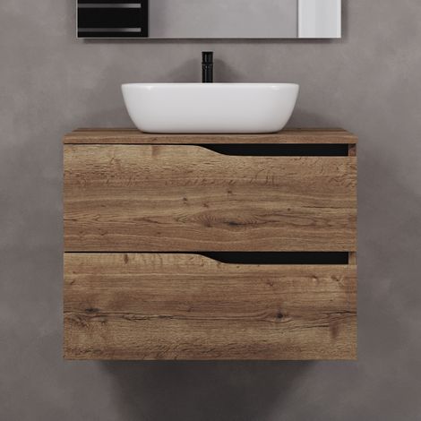 Meuble de salle de bain 80cm avec plateau et vasque à poser zeus - 2 tiroirs - sans miroir - tabaco (chêne foncé) - LUNA (1/5)