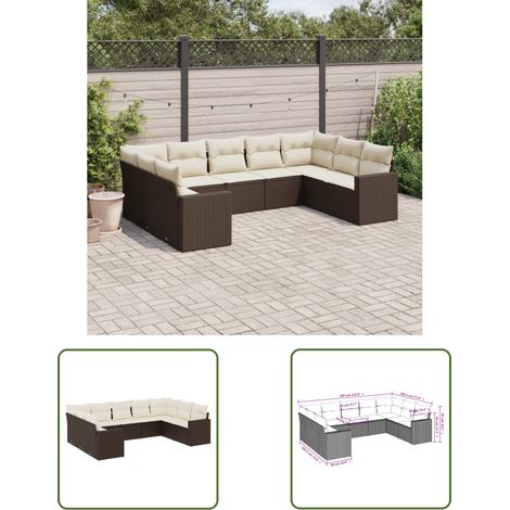 The Living Store 9-tlg. Garten-Sofagarnitur mit Kissen Braun Poly Rattan - Gartenmöbel - Outdoor Möbel - Rattan Gartenmöbel - Sofagarnitur - Lounge Set (1/3)