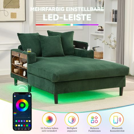 Cord-Lounge mit Chaiselongue, große Liegefläche, beidseitige Becherhalter, LED-Beleuchtung, Seitentasche, Stauraum, Port USB, pieds stables en plastique – usage polyvalent. (1/5)