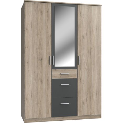 Armoire Placard, meuble de rangement Imitation chêne San Remo, rechampis graphite - Longueur 135 x Hauteur 199 x Profondeur 58 cm -PEGANE- (1/2)